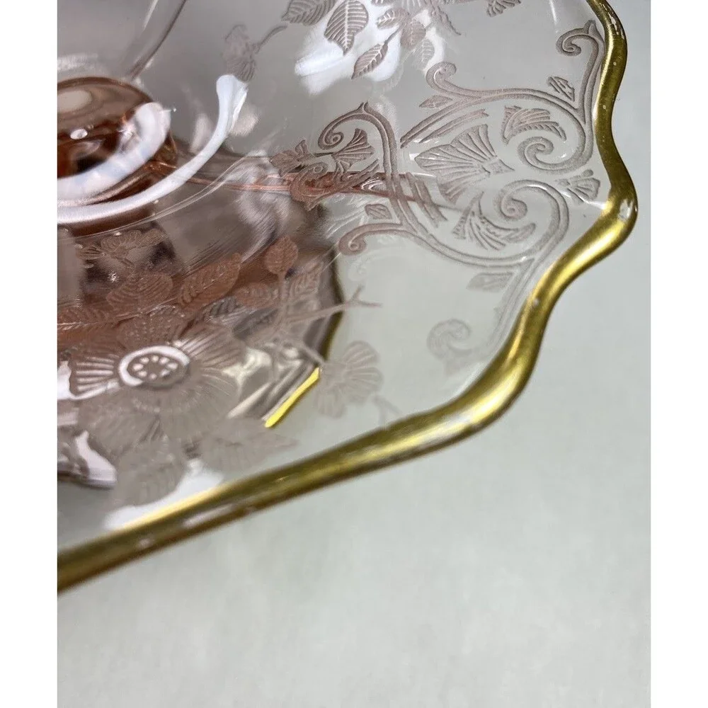 Cambridge Apple Blossom #744 Peach Blo Pink Footed Compote Gold Trim 5.25”